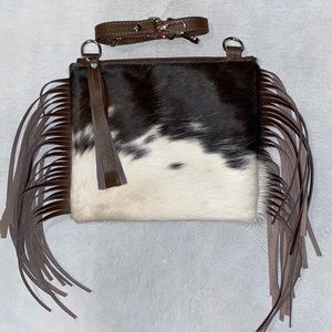 New Handmade Real Cowhide Leather Crossbody Purse Handbag Hair On With Fringes